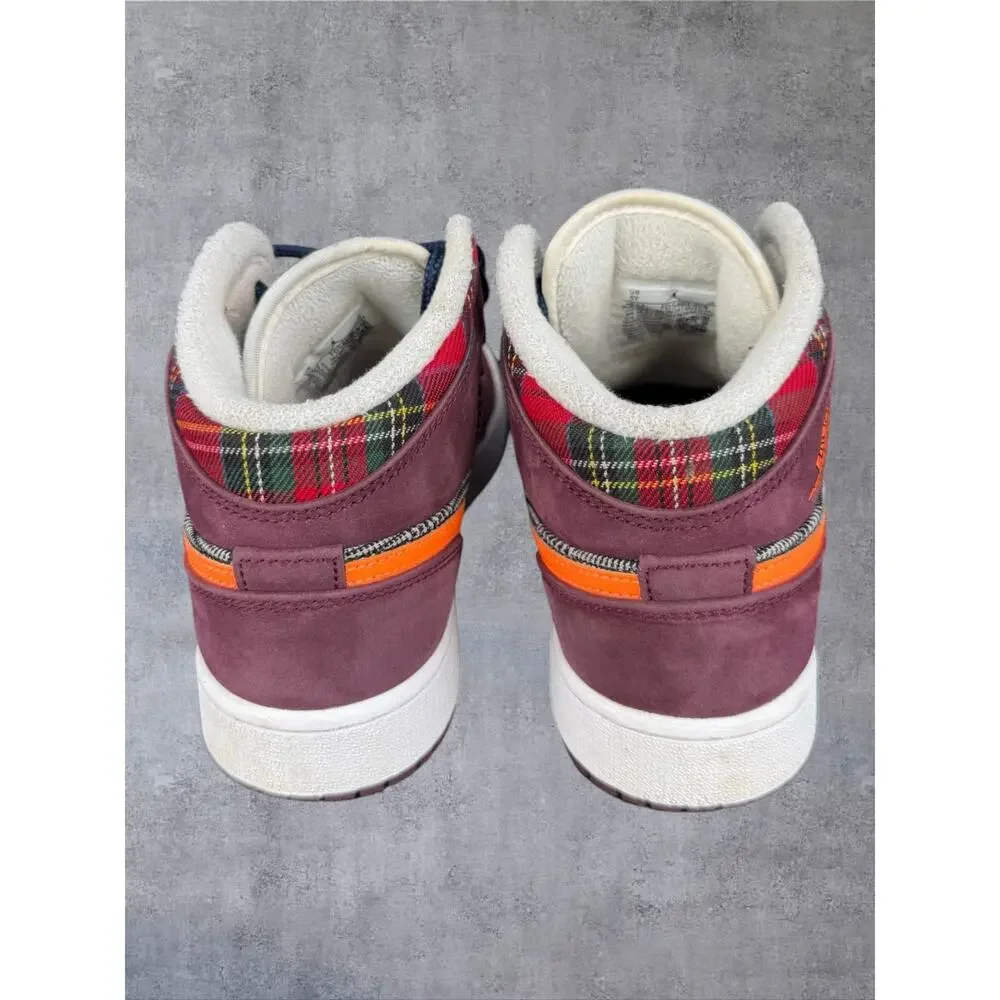 Jordan 1 Mid SE GS Tartan Swoosh Plaid Night Maroon FD5460-608 Size 5Y Women 6.5